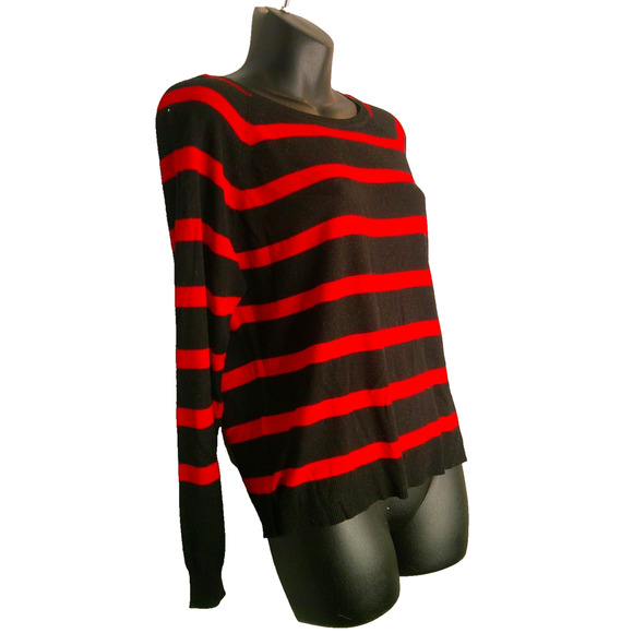 Zara Knit Small Women's Black & Red Striped Long Sleeve Lightweight Sweater - Picture 3 of 5